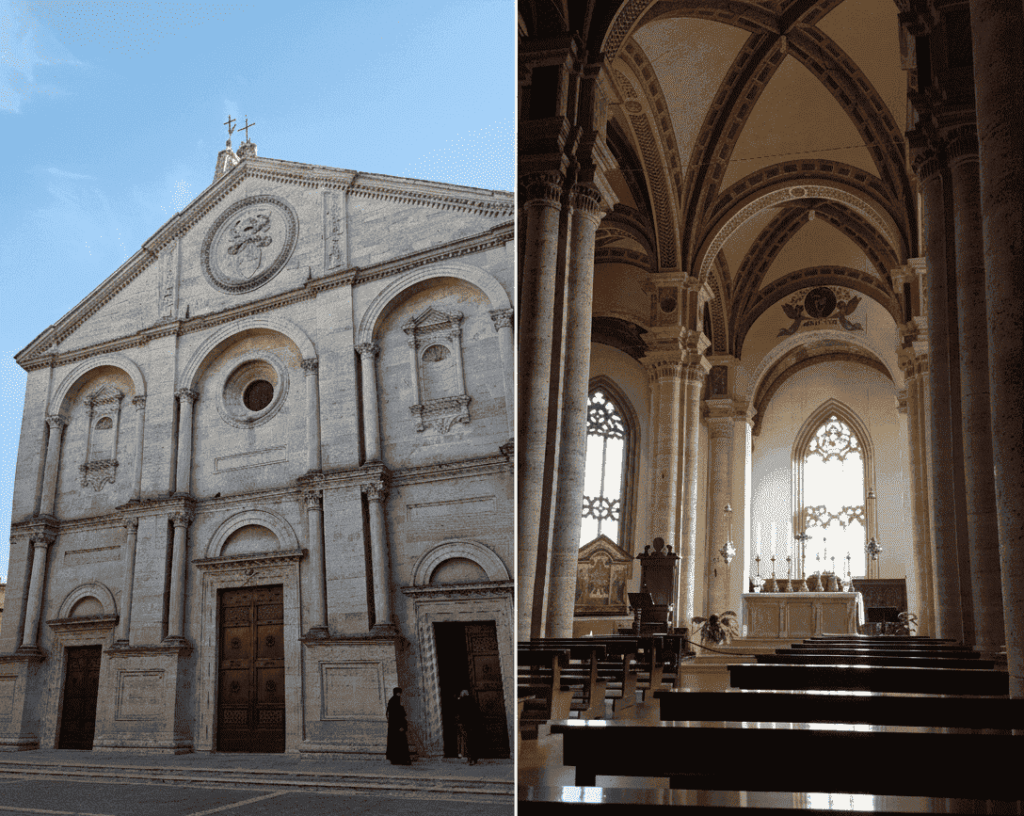 Due foto affiancate della Cattedrale di Pienza: a sinistra l'imponente facciata rinascimentale in travertino; a destra l'interno solenne con navate gotiche, archi a sesto acuto e grandi vetrate.