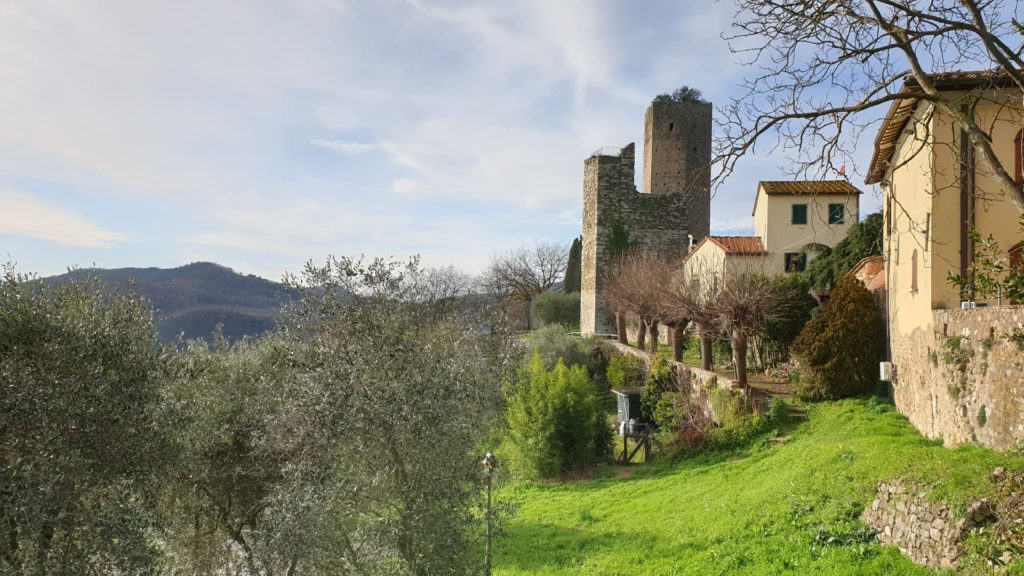 Una vista sui verdi colli della Valdinievole e i suoi olivi. Sulla destra il borgo di Serravalle Pistoiese su cui spicca una vista parziale delle mura e dell'altissima torre della Rocca Nuova.