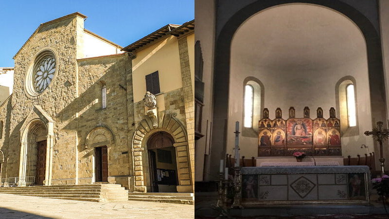 a sinistra la facciata in mattoni del duomo di sansepolcro mentre a sinistra l'altare principale con il polittico dipinto su legno