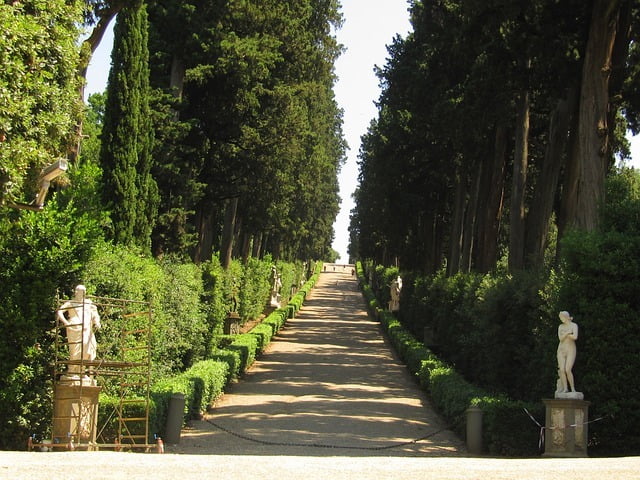 un lungo viale alberato all'interno del giardino di boboli che porta verso una grande fontana. All'inizio del viale due statue