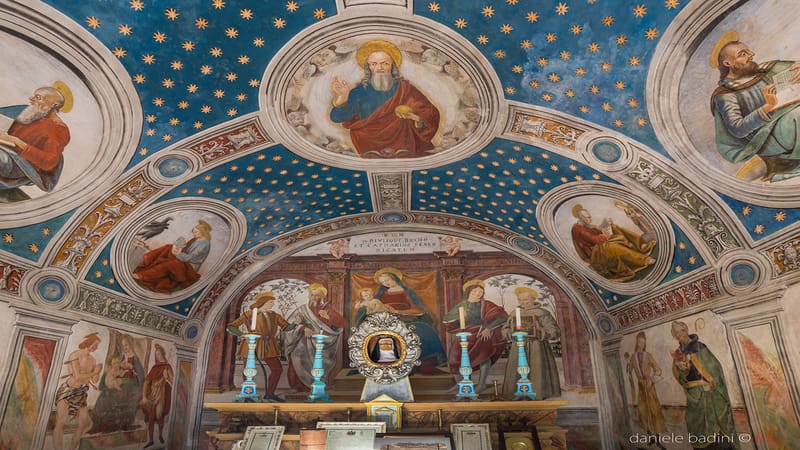 l'interno completamente affrescato dell'oratorio di san rocco con sul soffitto figure dei santi contornati dal blu stellato e in primo piano l'altare con dietro l'affresco della madonna col bambino