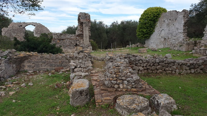 i resti dell'antica e maestosa basilica della città romana di cosa con in primo piano gli enormi basamenti dove si poggiavano le colonne