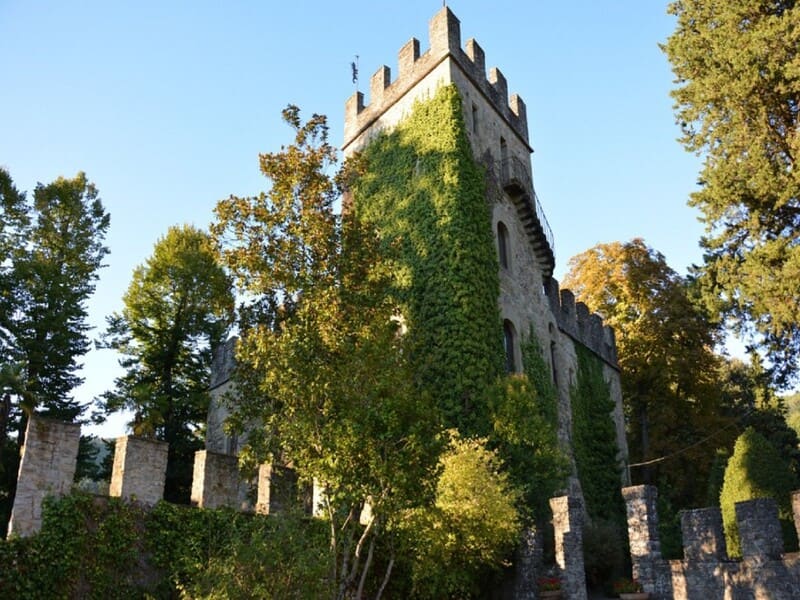 un primo piano sulla merlatura e sulla torre principale del castello di palagio di stia, uno dei borghi toscani da vedere. Spicca anche la bellezza del verde che si è unito con il grigio della costruzione medievale