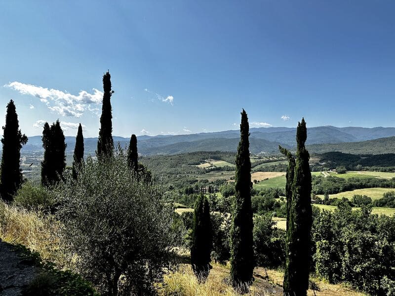 Paesaggio con cipressi e colline nei pressi del Castello di Romena in Toscana.