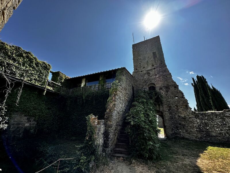 La torre medievale e le mura ricoperte di vegetazione del Castello di Romena, in Casentino.